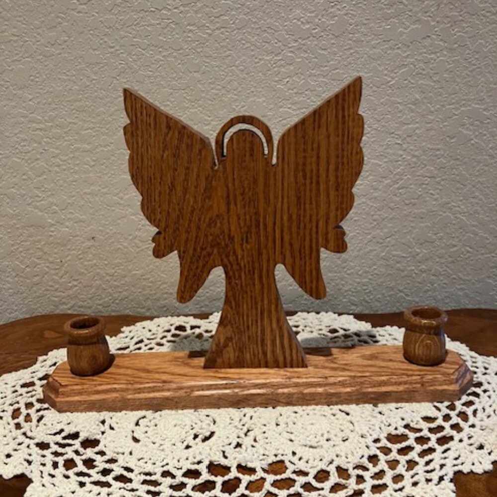 Solid‎ Wooden Candle Holder Angel . 10"Hx14"Lx3"W